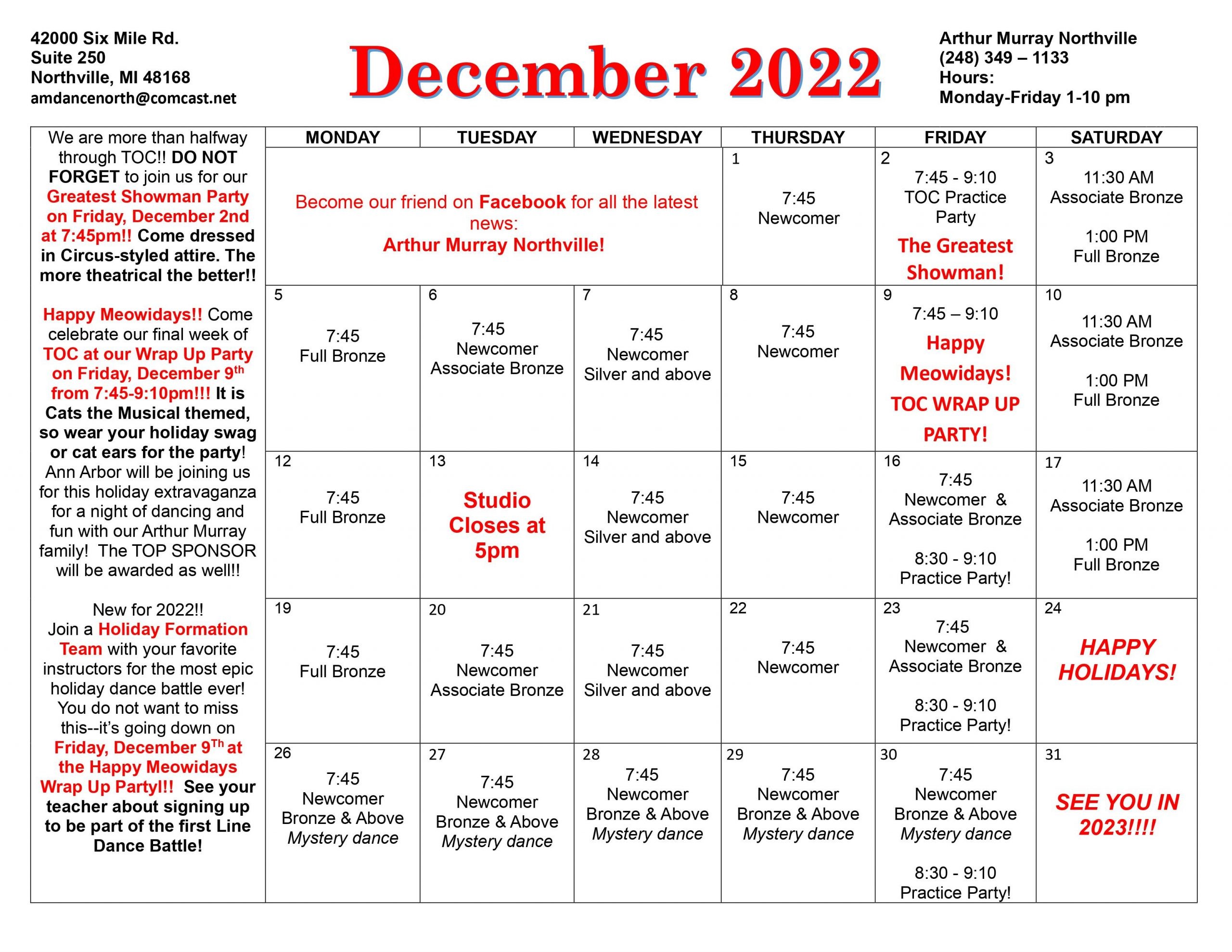Northville December Calendar